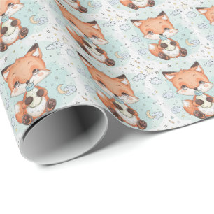 Red Fox Cute Baby Pastel Watercolor Pattern Wrapping Paper