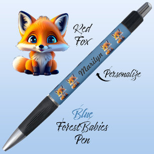Red Fox, Cute Colourful Blue Childrens School Ink