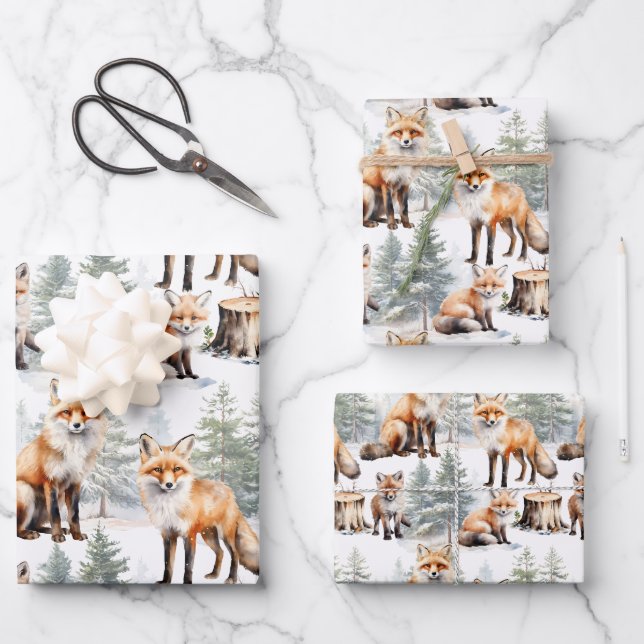 Red Fox Family In The Forest Wrapping Paper Sheet (Front)