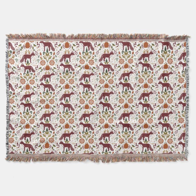 Red Fox Folk Art Throw Blanket Autumn Home Decor (Front)