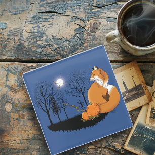 Red Fox Forest Pumpkins Glass Coaster