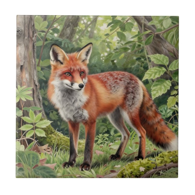 Red Fox Forest Wildlife Portrait Tile (Front)