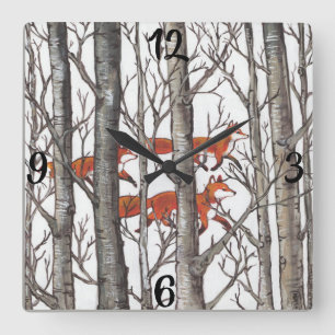 Red Fox Foxes Grey Winter Forest Woodland Clock