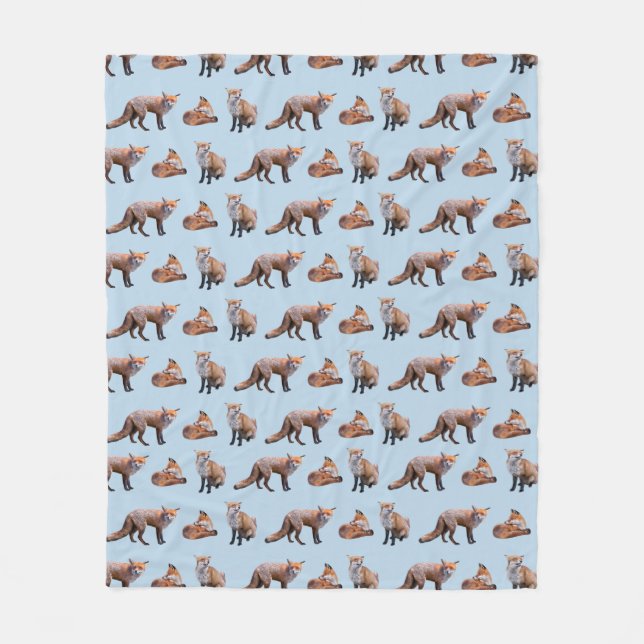 Red Fox Frenzy Fleece Blanket (Light Blue) (Front)