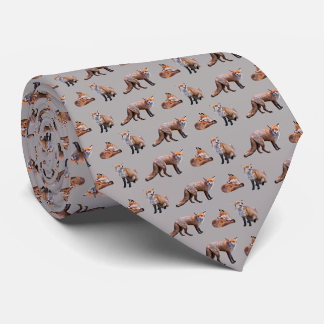 Red Fox Frenzy Tie Double Sided Print (Grey) (Rolled)