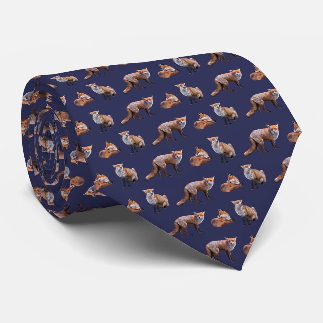 Red Fox Frenzy Tie Double Sided Print (Navy) (Rolled)