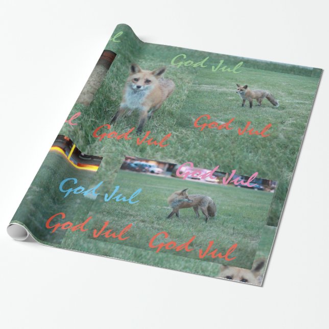 Red fox God Jul Christmas Swedish mixed pattern Wrapping Paper (Unrolled)