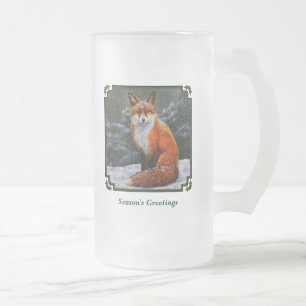Red Fox in Falling Snow Frosted Glass Beer Mug