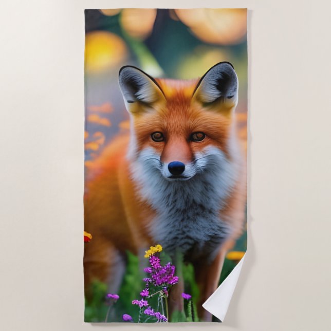 Red Fox in Field of Wildflowers  Beach Towel (Front)