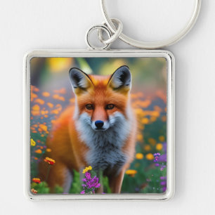 Red Fox in Field of Wildflowers Key Ring