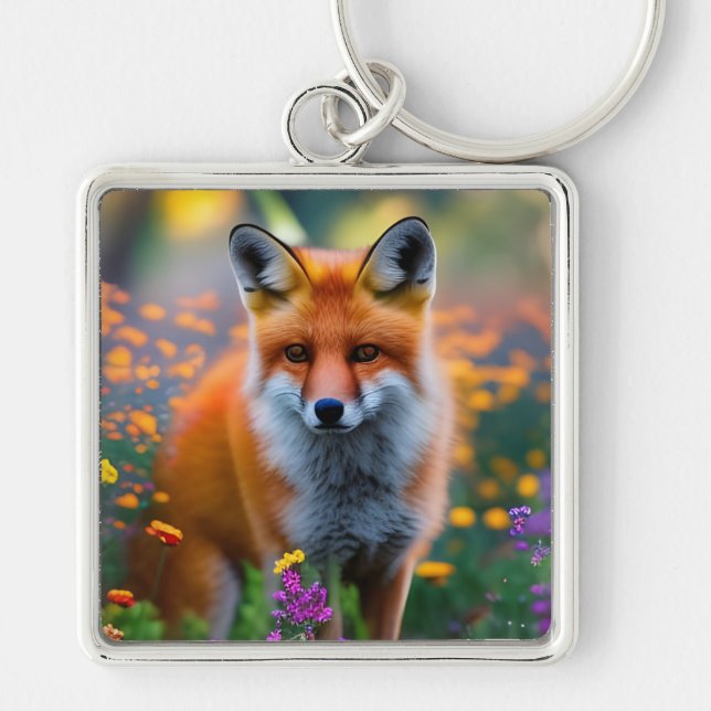 Red Fox in Field of Wildflowers   Key Ring (Front)