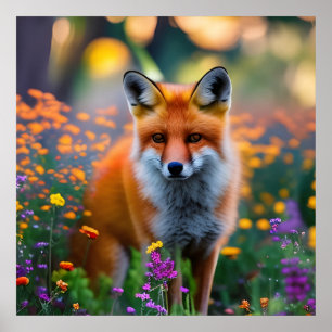 Red Fox in Field of Wildflowers Poster
