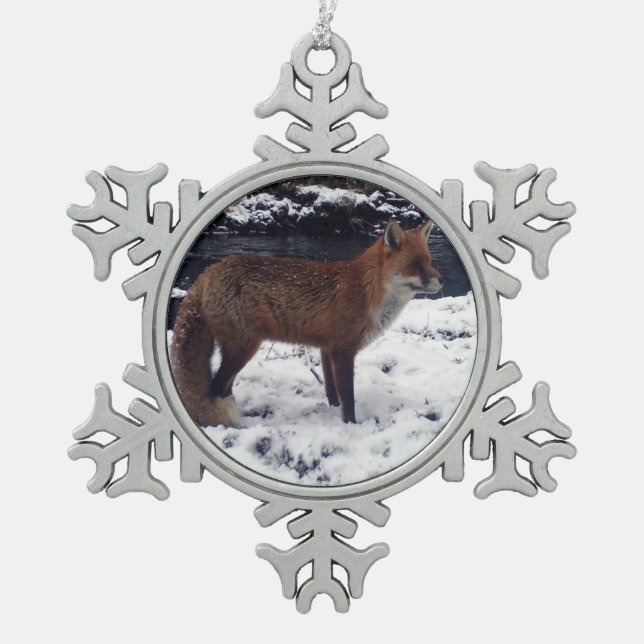 Red Fox in Snow  Snowflake Pewter Christmas Ornament (Front)