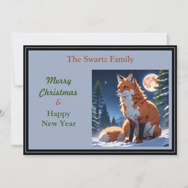 Red fox in the forest with moon holiday card (Front)