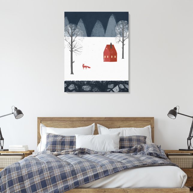 Red Fox in the Snow Near Red House in Country Canvas Print (Insitu(Bedroom))