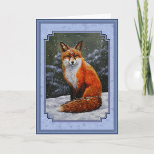 Red Fox in Winter Snow Blue Holiday Card