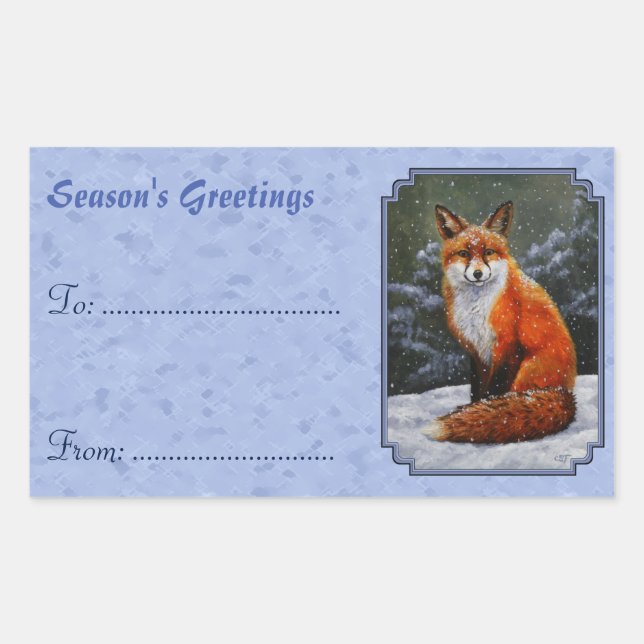 Red Fox in Winter Snow Blue Rectangular Sticker (Front)
