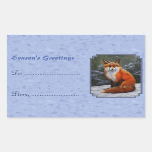 Red Fox in Winter Snow Blue Rectangular Sticker