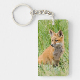 Red Fox Kit in grass near den Key Ring