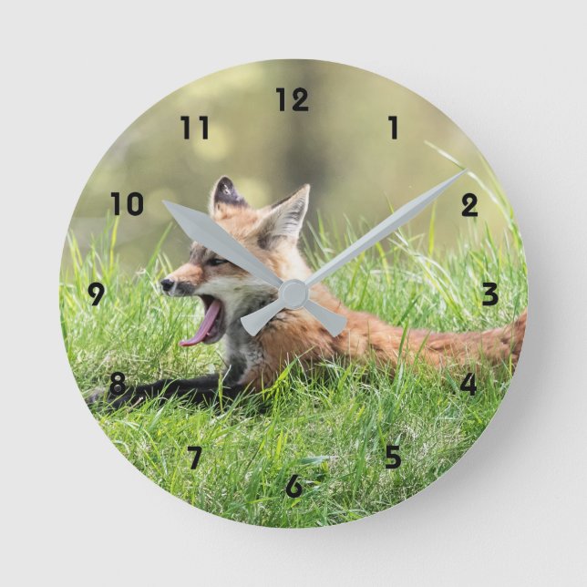 Red Fox Kit Yawning Round Clock (Front)
