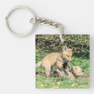 Red Fox Kits Playing Key Ring