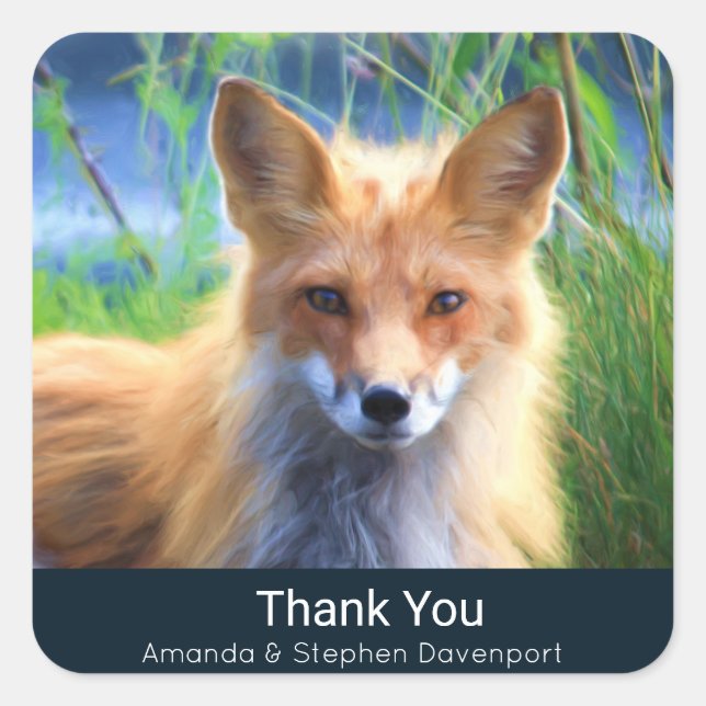 Red Fox Laying in the Grass Scenic Thank You Square Sticker (Front)