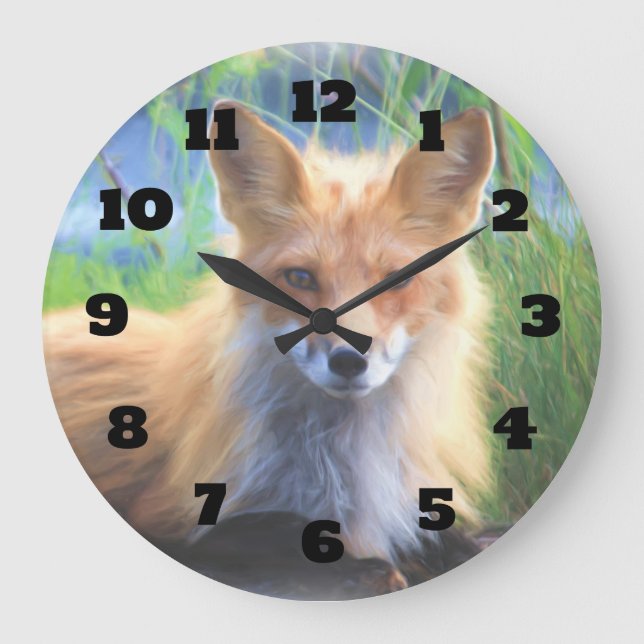 Red Fox Laying in the Grass Wildlife Image Large Clock (Front)