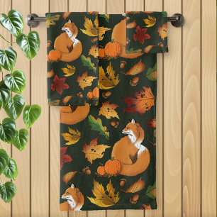 Red Fox Leaves Acorn Green Bath Towel Set