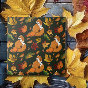Red Fox Leaves Acorn Green Tile