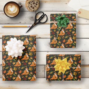 Red Fox Leaves Acorn Green Wrapping Paper Sheet