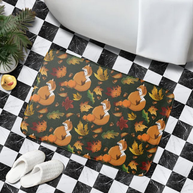 Red Fox Leaves Acorns Green Bath Mat (Creator Uploaded)