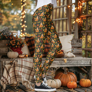 Red Fox Leaves Acorns Green Leggings