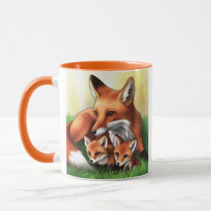 Red Fox Mother and Kits in the Grass Mug