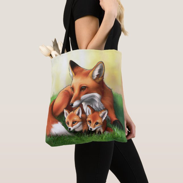 Red Fox Mother and Kits in the Grass Tote Bag (Close Up)