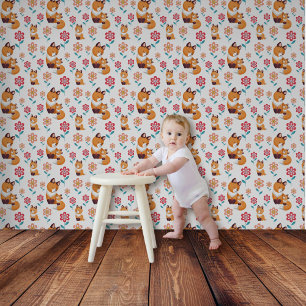 Red fox mother with baby, flowers pattern nursery wallpaper