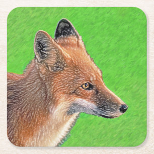 Red Fox Painting - Original Wildlife Art Square Paper Coaster