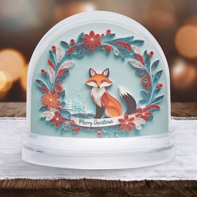 Red Fox Personalised Christmas Snow Globe (A Christmas snow globe with red fox and plants design in a papercraft style)
