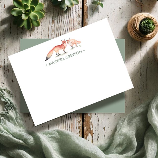 Red Fox Personalised Stationery Small Card (Custom notecards feature watercolor foxes by Victoria Grigaliunas Do Tell A Belle)