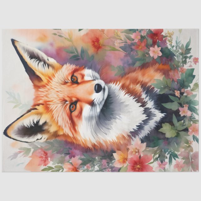 Red Fox Portrait Floral Art Tissue Paper (Front)