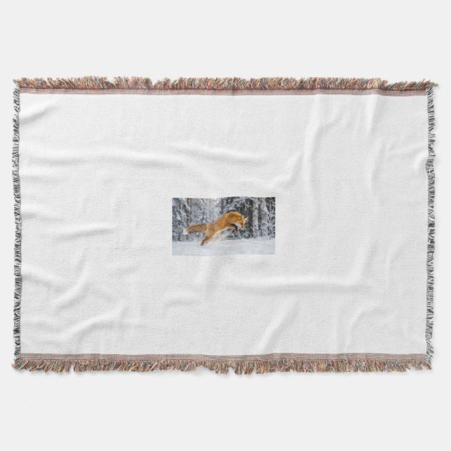 Red Fox Pouncing Through Snow Nature Throw Blanket (Front)