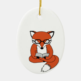 Red fox reading book ceramic tree decoration