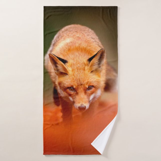 Red fox running on orange autumn leaves. Cute Red  Bath Towel (Bath Towel)
