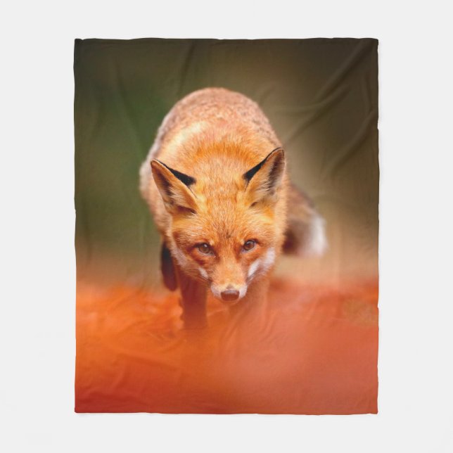 Red fox running on orange autumn leaves. Cute Red  Fleece Blanket (Front)