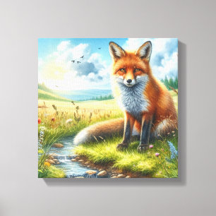 Red Fox Sitting by Stream Stretched Canvas Print