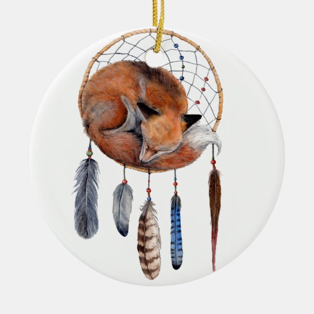 Red Fox Sleeping on Dreamcatcher Ceramic Tree Decoration (Front)