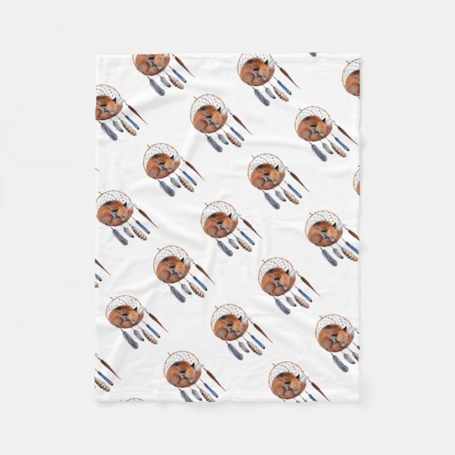 Red Fox Sleeping on Dreamcatcher Fleece Blanket (Front)