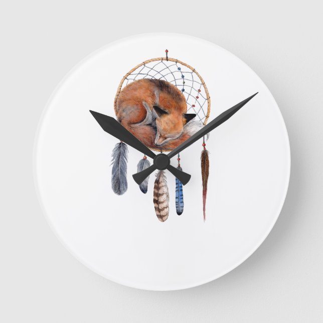 Red Fox Sleeping on Dreamcatcher Round Clock (Front)