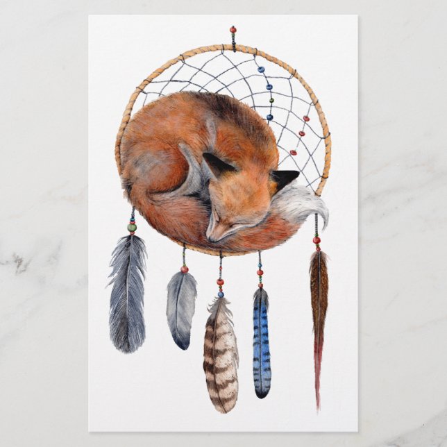 Red Fox Sleeping on Dreamcatcher Stationery (Front)