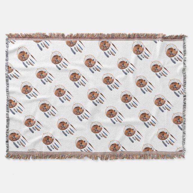 Red Fox Sleeping on Dreamcatcher Throw Blanket (Front)