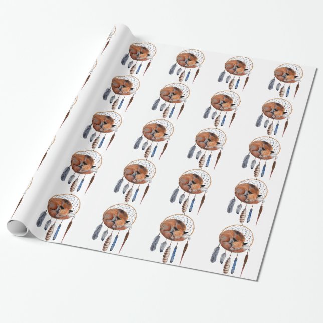 Red Fox Sleeping on Dreamcatcher Wrapping Paper (Unrolled)